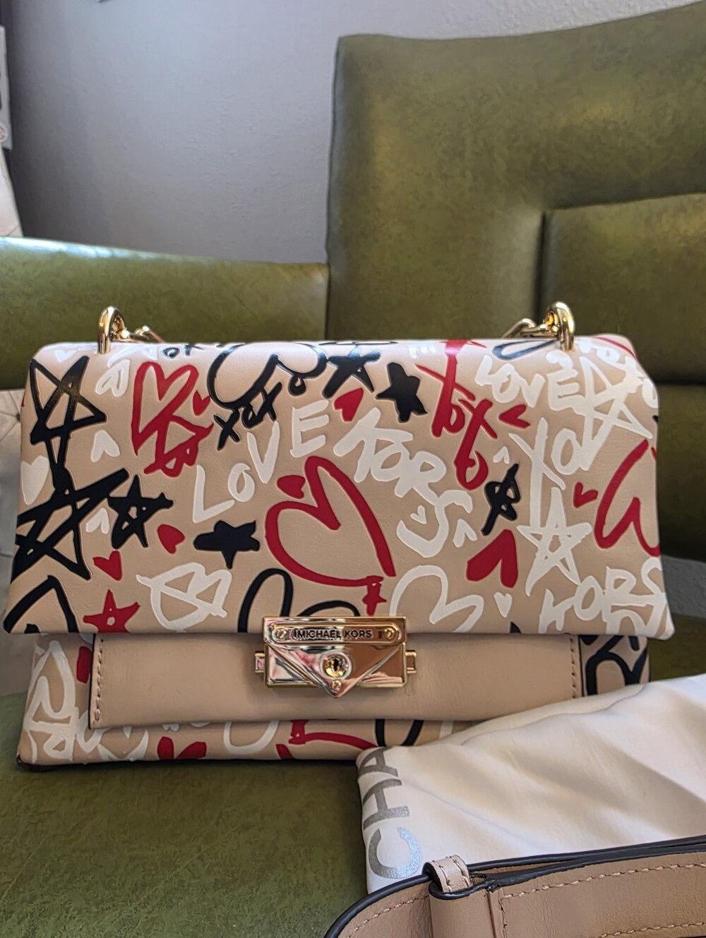 Michael Kors Beige Graffiti Heart & Star Shoulder Bag